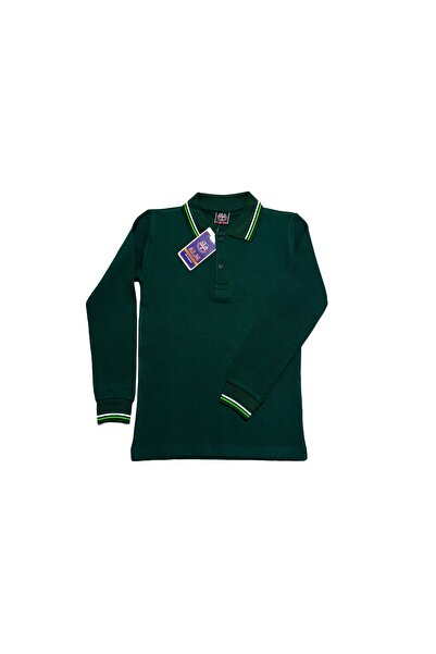 Polo Yaka Pamuklu Uzun Kol Yeşil Beyaz Çizgili Yaka Yeşil Çocuk Okul Tişört - T shirt