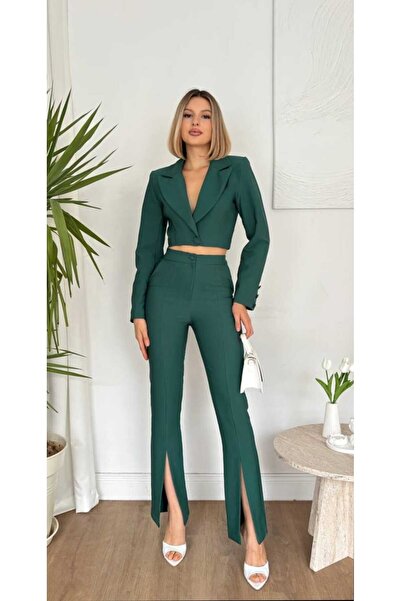 Azra Moda Style Tek Düğme Crop Ceket Pantolon Takım Kadın