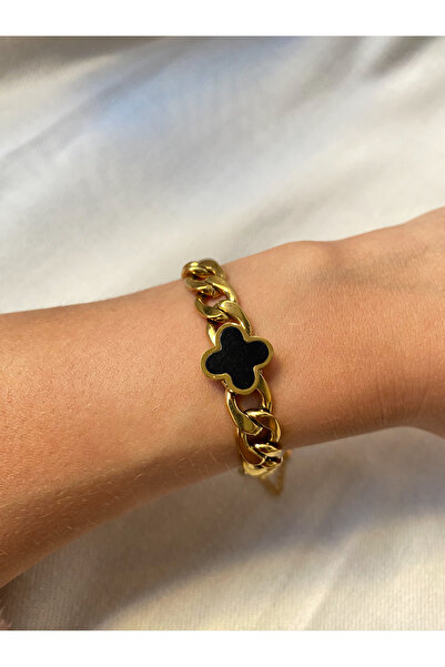 stainless steell Kalın Zincir Siyah Yonca Model Çelik Kadın Bileklik