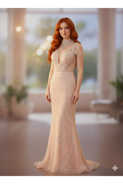 ODRİCA KADIN ABİYE TAŞ VE BONCUK İŞLEME DETAYLI ŞIK UZUN ELBİSE