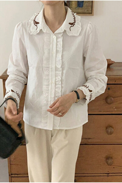 FEMELLE Women's White Collar and Ankle-Length Bird Embroidered Ruffled Cotton Shirt