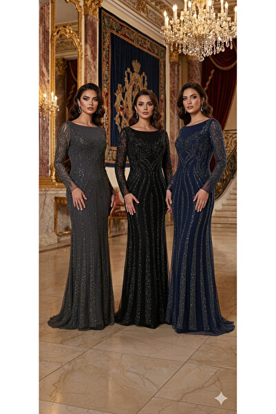 UZER Milano Studio Premium Collection El İşçiliği Kristal Taşlı, İtalyan Kesim Siyah tasarım Abiye