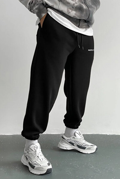 THE RULE Note Printed Winter 3 Thread Ş Fleece-Lined Relaxed Fit Elasticated Leg Cotton Black Jogger Sweatpants