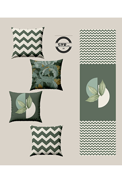 Sayra Home Dekoratif Tasarım Geometrik ve Yaprak Desenli Kadife Runner & Kırl...