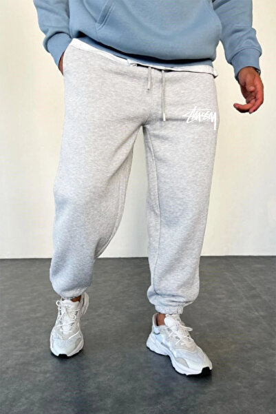 THE RULE Stüssy Printed Winter 3 Thread Sh Fleece-Lined Relaxed Fit Elasticated Leg Cotton Gray Jogger Sweatpants