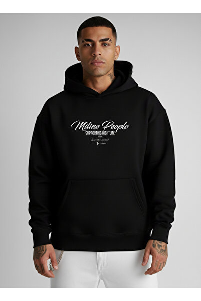 LORVEX بغطاء رأس سويت شيرت قصة فضفاضة 100% قطن مطبوع عليه MİLİNE PEOPLE