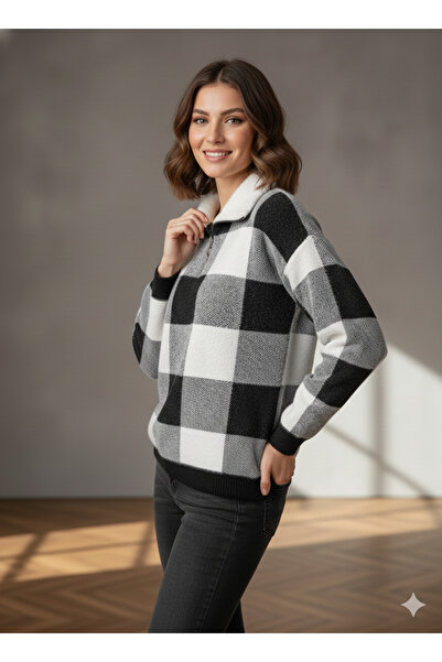 K-ODEA BUTİK Women's Black Soft Textured Plaid Zippered Knitwear Sweater