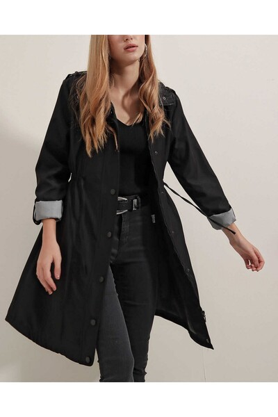 Modamorfo 5808 Trench Coat with Waist Tie - Black