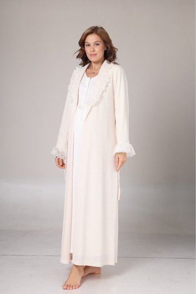 Lohusa Homewear Women's Off-White Jacquard Full-Length Winter Long-Sleeved Lace Design Maternity and Postpartum Robe/Nightgown (2-Piece Set)