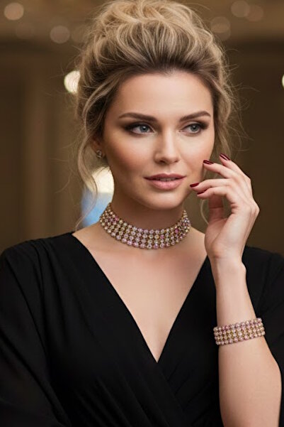 CAŞ DEKORASYON Gold Color Stone Choker Necklace and Bracelet Set