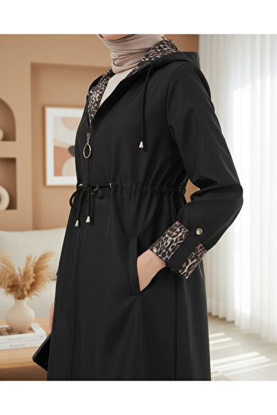 Modamorfo 9091 Drawstring Waist Hooded Trench Coat - Solid Black