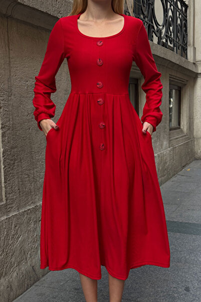 bacc Red Wide Collar Button Detail Double Pocket Soft Textured Fabric Knitted Dress Bcvl-25V239