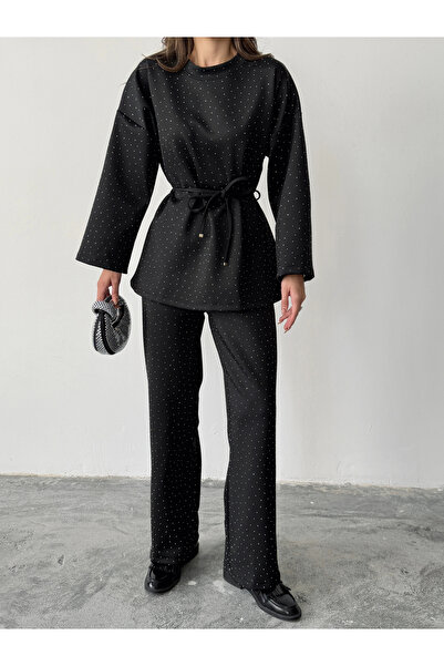 Lusin Women's Black Stone Embroidered Waist Tie Detailed Blouse Pants Bottom Top Two-Piece Set