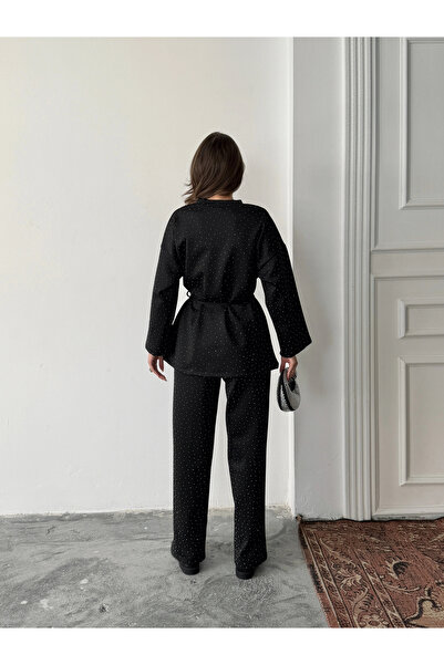 Lusin Women's Black Stone Embroidered Waist Tie Detailed Blouse Pants Bottom Top Two-Piece Set