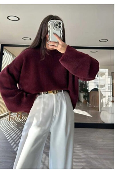 Elchee pulover tricotat pentru femei, cu mâneci din fir moale, culoare burgundy