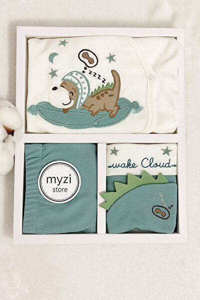 MYZİ STORE Baby 5-Piece Hospital Release Set – 100% Cotton – Dinosaur Embroidery – First Day Special Box (0-3 Months)