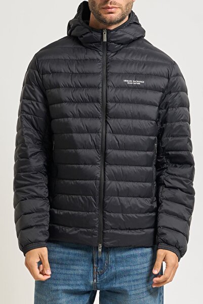 Armani Exchange Men's Full Fit Hooded Logo Puffer Jacket - Black