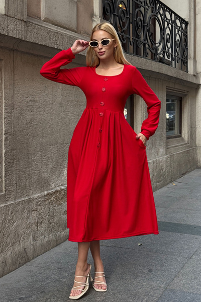bacc Red Wide Collar Button Detail Double Pocket Soft Textured Fabric Knitted Dress Bcvl-25V239