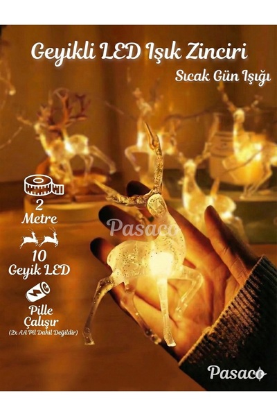 PASACO 2 Metre 10'lu Şeffaf Geyik Led Pilli Işık Zinciri, Sıcak Beyaz Yılbaşı...