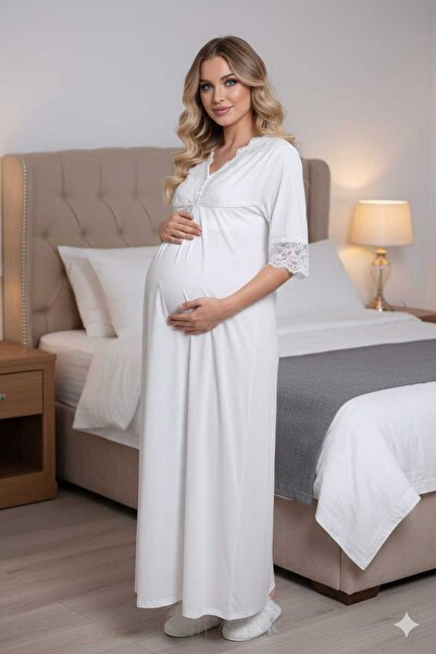 Lohussa Women's Ecru Shawl Collar Full Length Lace Detailed Short Sleeve Special Design Maternity Nightgown Nightdress Set