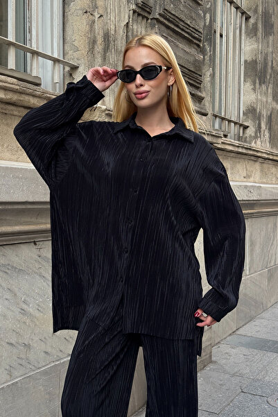 bacc Black Shirt and Palazzo Pants Pleated Fabric Woven Bottom Top Set Bcvl-25V236