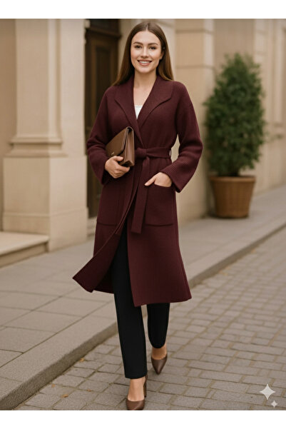 K-ODEA BUTİK Comfortable Fit Bordo Women's Knitwear Jacket with Tie