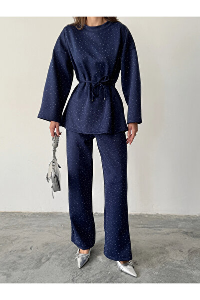 Lusin Women's Navy Blue Stone Embroidered Waist Tie Detailed Blouse Pants Bottom Top Two-Piece Set