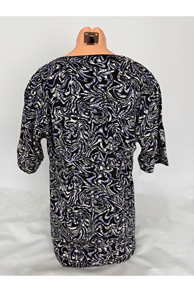 YAŞAR TRİKO Women's Gray Red U-Neck Short Sleeve Patterned Slit Woven Viscose Mother Combed Cotton T-Shirt