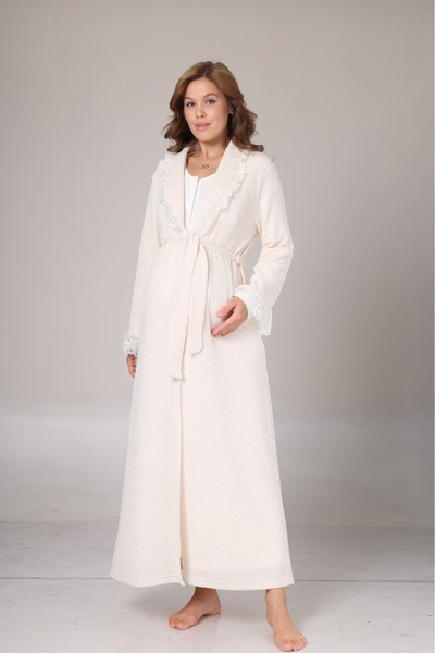Lohusa Homewear Women's Off-White Jacquard Full-Length Winter Long-Sleeved Lace Design Maternity and Postpartum Robe/Nightgown (2-Piece Set)