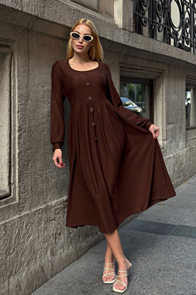 bacc Καφέ Φόρεμα με φαρδύ λαιμόκοψη με λεπτομέρεια με κουμπιά και διπλές τσέπες από μαλακό υφασμάτινο πλεκτό φόρεμα BCVL-25V239