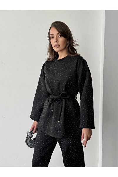 Lusin Women's Black Stone Embroidered Waist Tie Detailed Blouse Pants Bottom Top Two-Piece Set