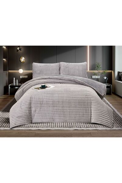 Truva Grup Cocolino Quilt with Fur 200x230 cm + 2 Pillowcases – Grey Stripes Pattern