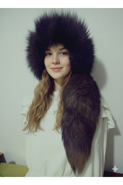hoaryage Unisex Attachable Tail Wolf Fur Hat Mink Hat