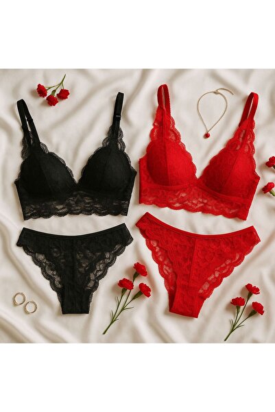 cdh çeyize dair herşey 4 Piece Lace Bra Set– (Red & Black) – Unpadded