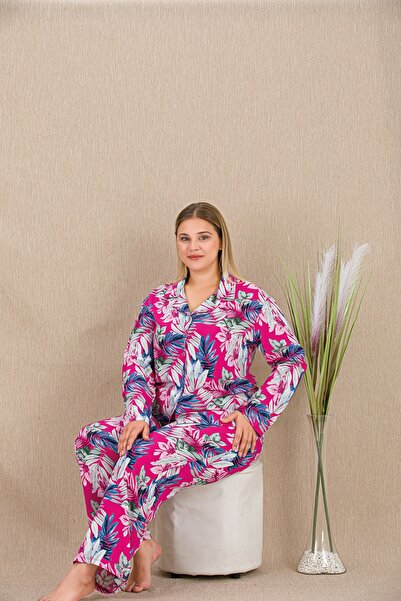 lidofya Buttoned Belmando Viscose Multi-Colored Fuchsia Plus Size Pajama Set