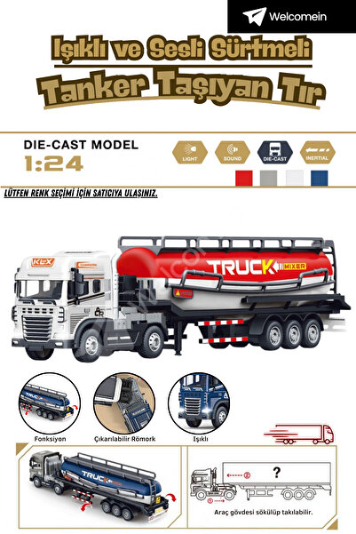 welcomein 1:24 Diecast Işıklı Sesli Sürtmeli Tanker Taşıyan Römorklu Tır Çıka...
