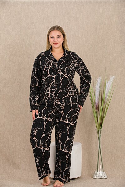 lidofya Buttoned belmando viscose patterned black plus size pajama set