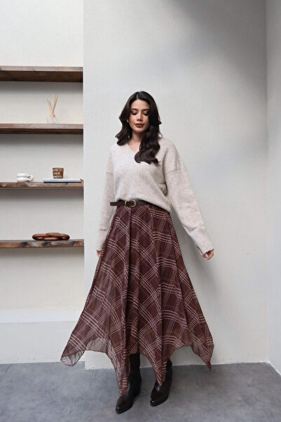 Sorridi Ekose Desenli Asimetrik Tül Etek