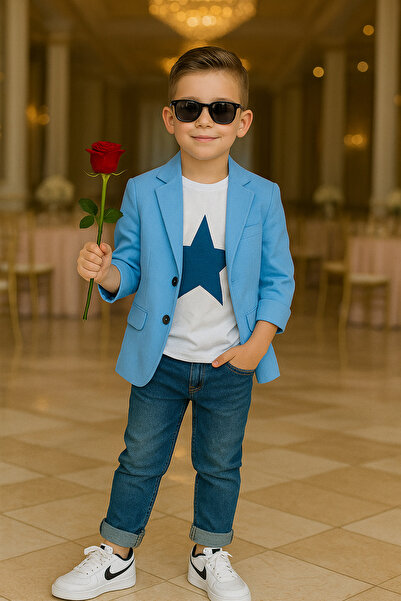 Calisa Boys' Blazer Jacket T-Shirt and Jeans Combination - Stylish Casual Style, Special Occasion Holiday Combination
