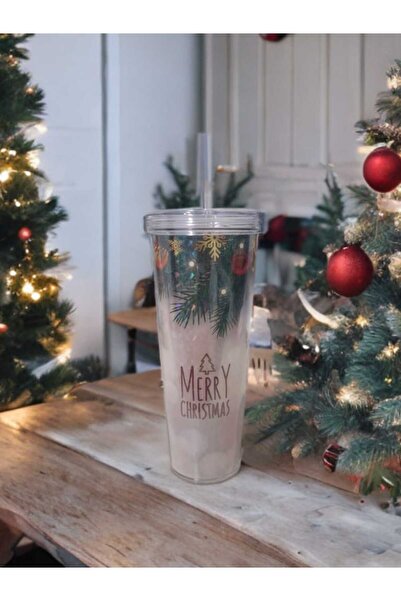 Titiz Plastik Christmas Themed Cup with Straw 750 ML