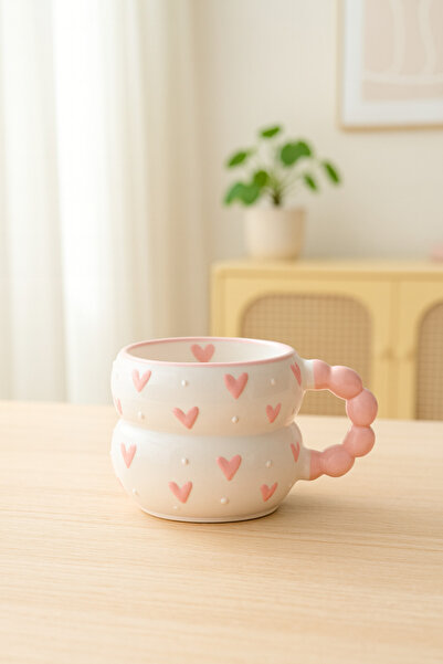 İZart Handcrafted Ceramic Mug with Beaded Handle, Pink Dotted Heart Inside, Special Embossed Detail