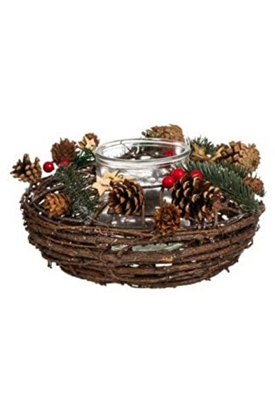 Tessari Decorative Christmas Candle Holder with Cones, Wood, Mistletoe Ø23 x 13 cm