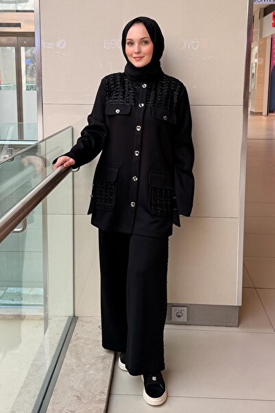 Mahal Crochet Knitwear Mesh Combination Pocket Detailed Trouser Set