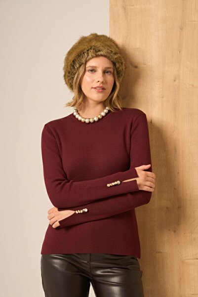FTZ WOMEN Button Detailed Sweater Burgundy 25203