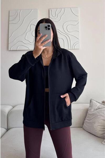 DEEP BEACH Μαύρο γυναικείο φούτερ και μπλουζάκι με κουκούλα με φερμουάρ, μακρυμάνικο, χαλαρή εφαρμογή, από ύφασμα SOO Modal