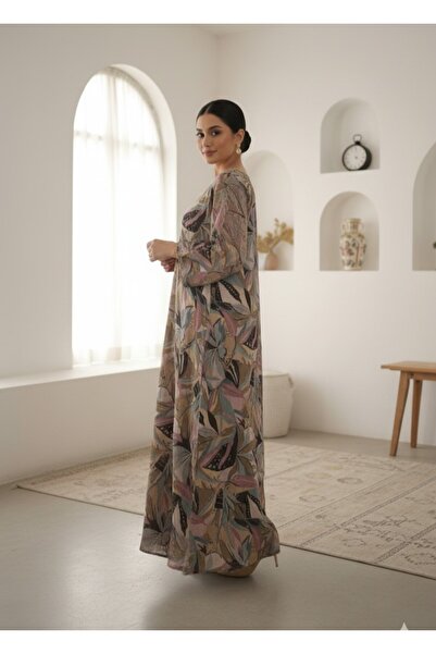 Maison Emarat Botanical Print Kaftan Maxi Dress with Embellished V-Neck