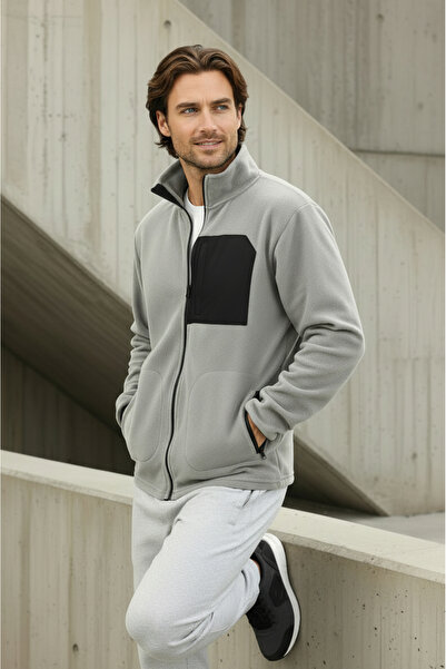 Sizce Moda Μπουφάν Regular Fit, ανθεκτικό στο κρύο, χωρίς γκριασμένο επικάλυψη, ψηλός λαιμός γκρι φλις μπουφάν