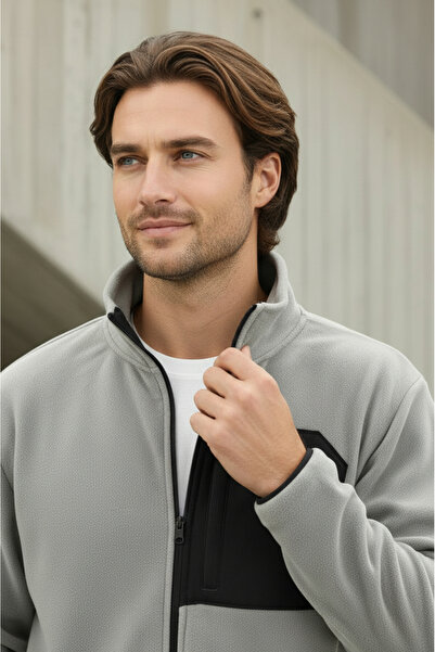 Sizce Moda Μπουφάν Regular Fit, ανθεκτικό στο κρύο, χωρίς γκριασμένο επικάλυψη, ψηλός λαιμός γκρι φλις μπουφάν