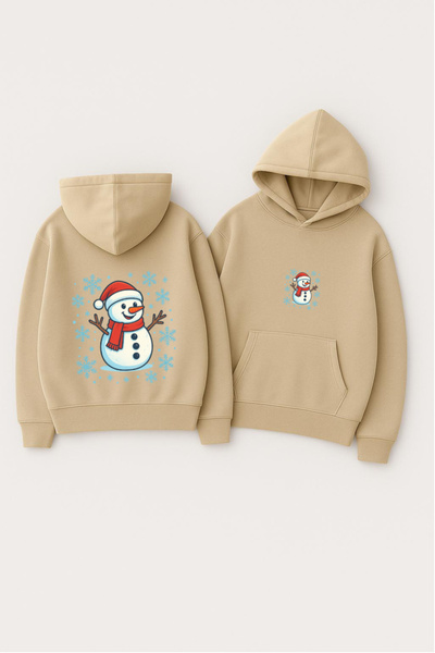 CLASSY.MODA Unisex Hooded Oversized Printed Sweatshirt – Snowman with Christmas Hat Snowflakes