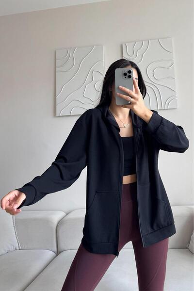 DEEP BEACH Μαύρο γυναικείο φούτερ και μπλουζάκι με κουκούλα με φερμουάρ, μακρυμάνικο, χαλαρή εφαρμογή, από ύφασμα SOO Modal